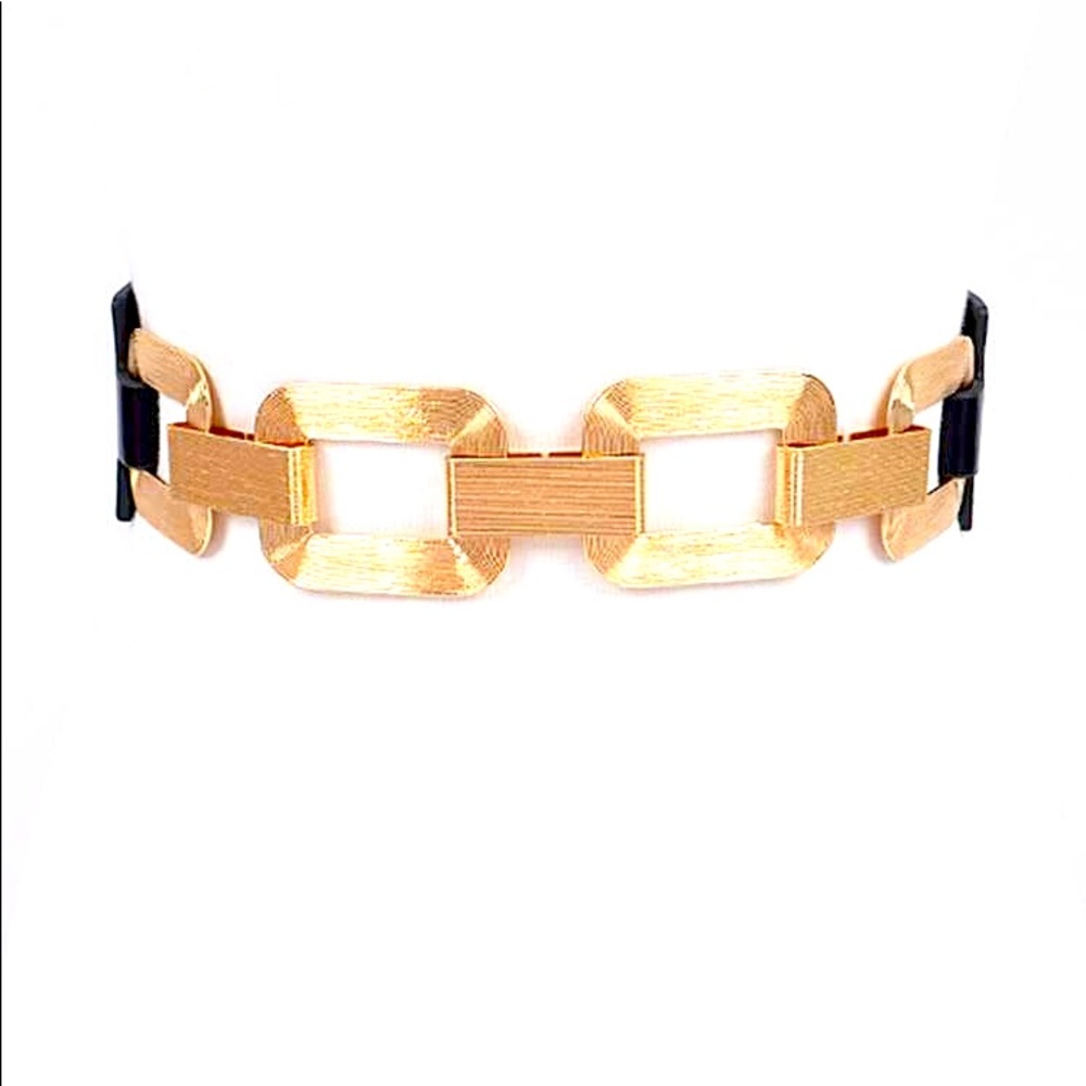 Black & Gold Brushed Chain Accent Elastic Corset Waist Statement Belt